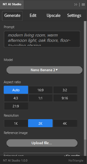 Generate tab — prompt, model, aspect ratio, resolution and reference image