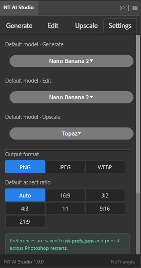 Settings tab — default models, output format, aspect ratio